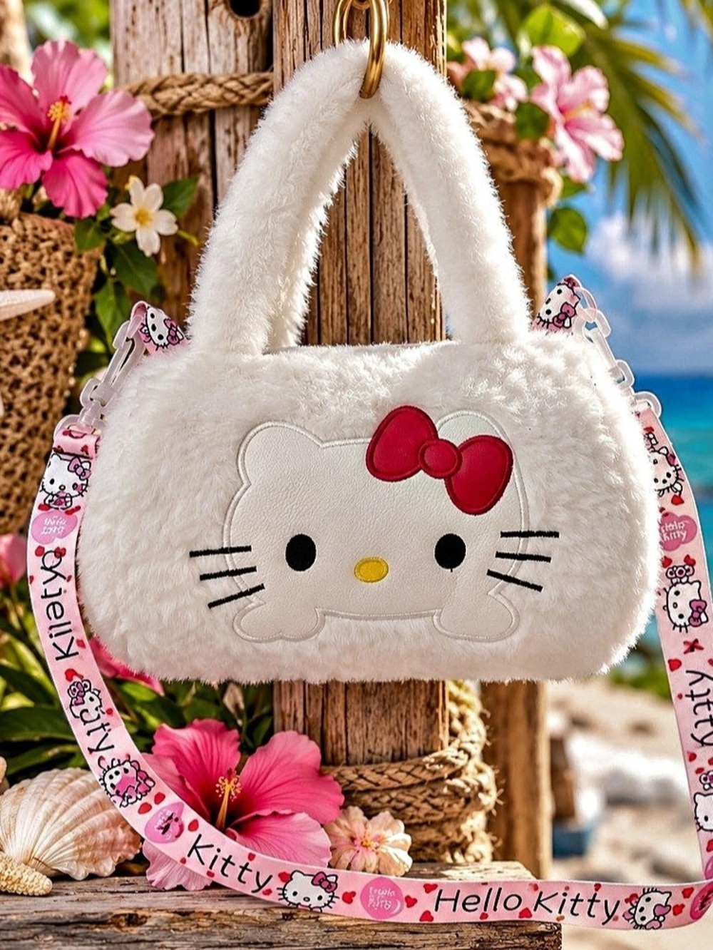 Hello Kitty faux-fur shoulder bag White & Pink Crossbody New